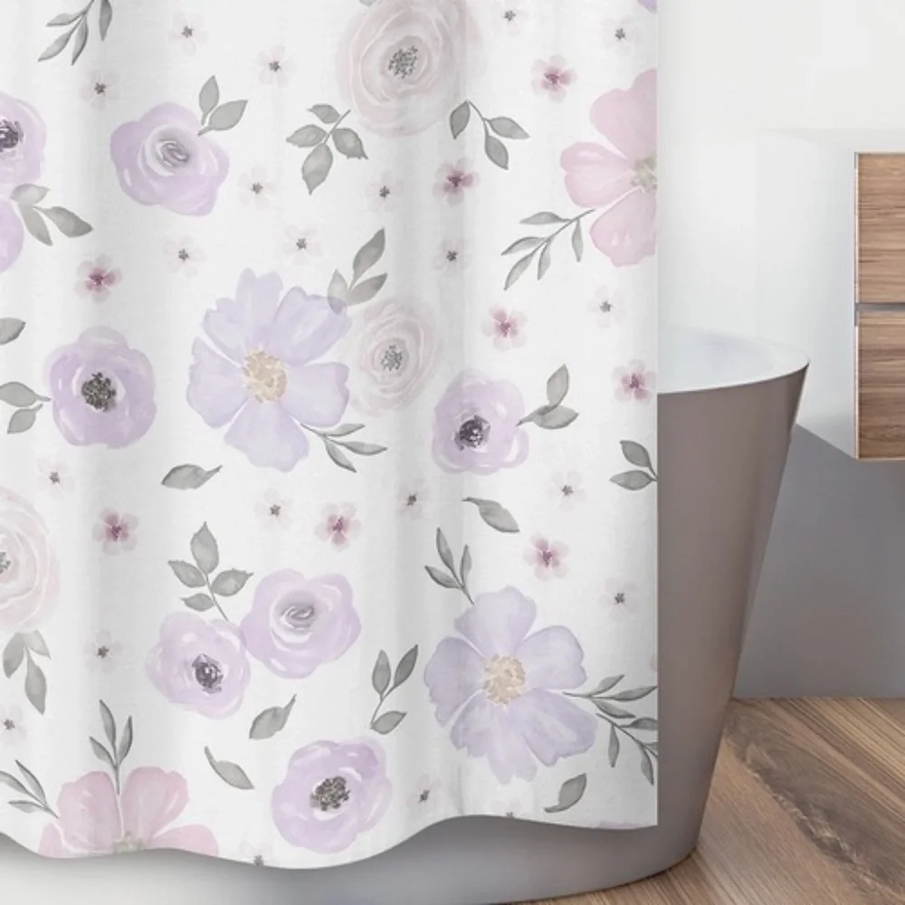 Sweet JoJo Designs Watercolor Floral Lavender And Grey Collection Shower Curtain